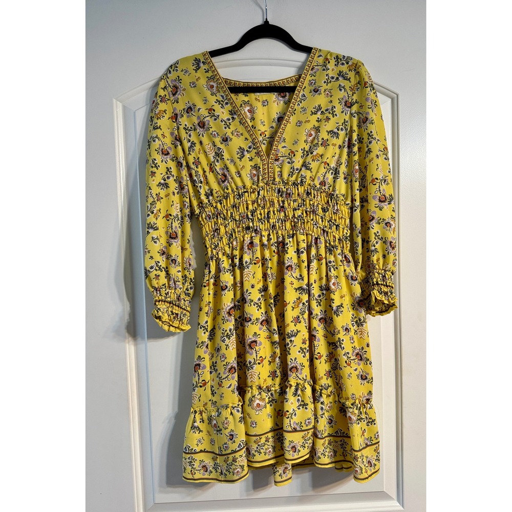 Max Studio Mini Dress M Yellow Floral Smocked Boho Chic Cottagecore Romantic
